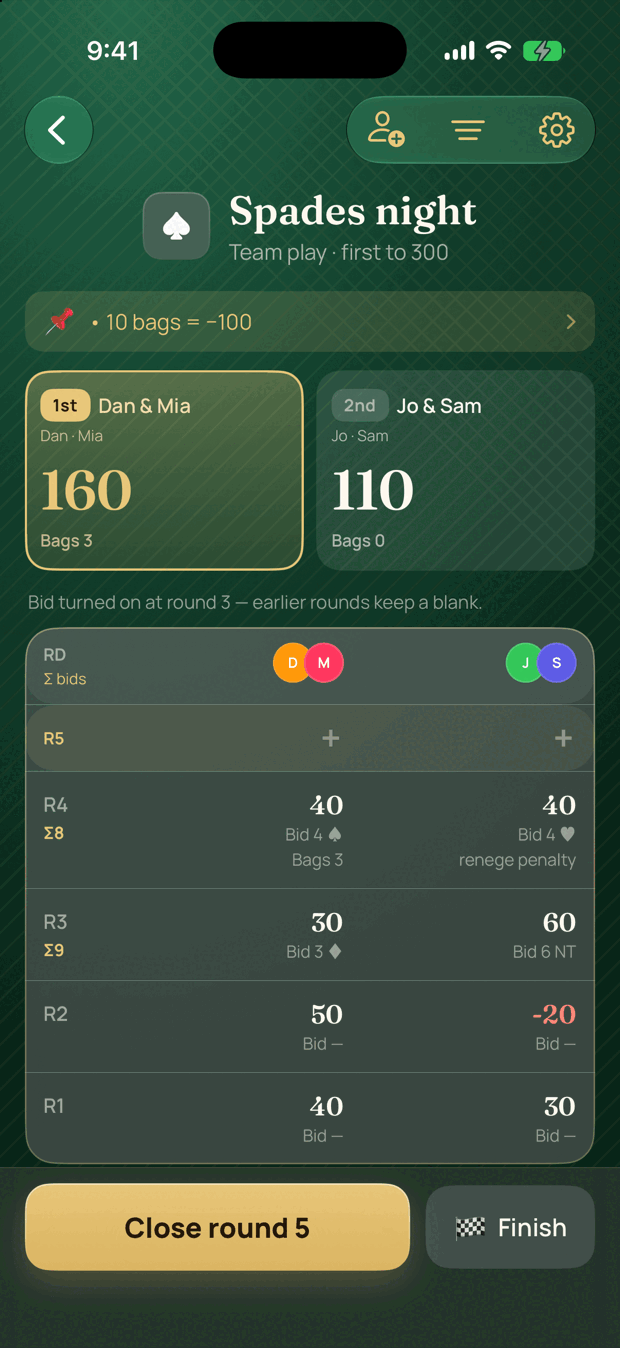 Meld screenshot showing the scorepad for a game of Spades