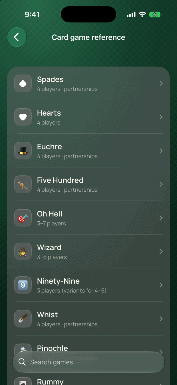 Meld's card game reference listing Spades, Hearts, Euchre, Five Hundred, Oh Hell, Wizard, and more