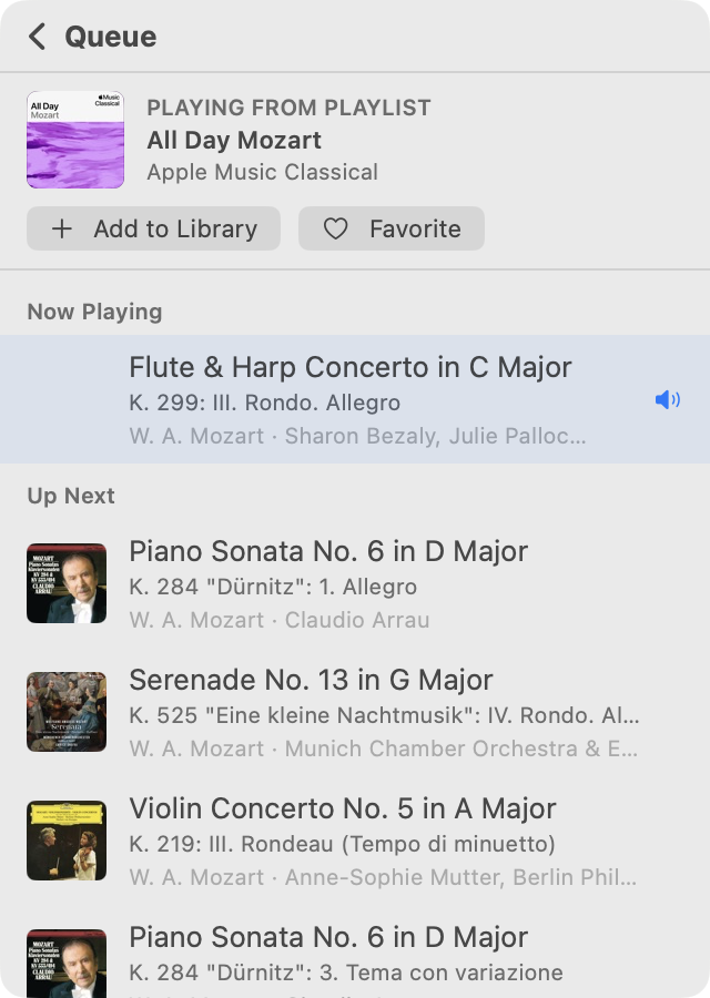 MiniMusic screenshot showing the play queue with composer credits