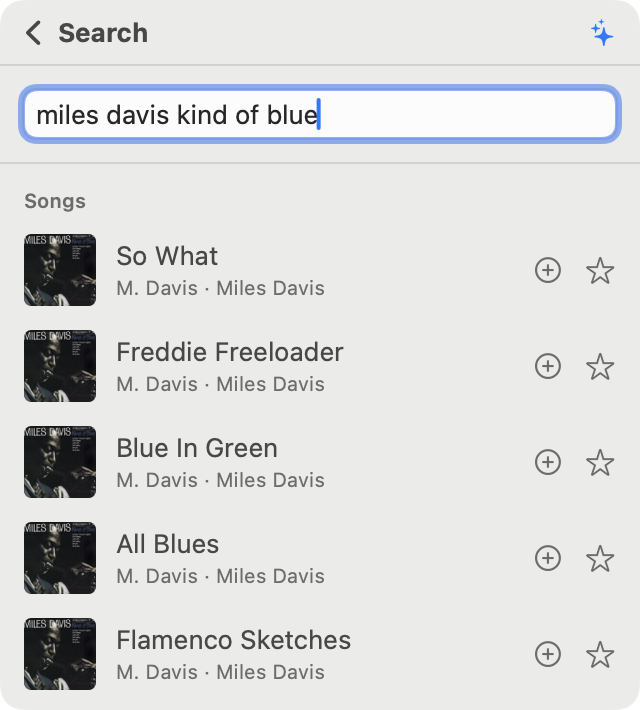 MiniMusic screenshot showing search results for a Miles Davis album