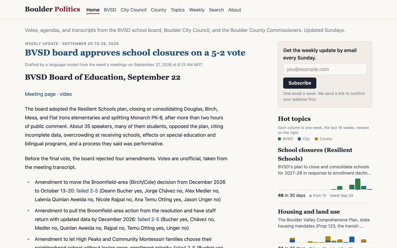 Boulder Politics home page showing the weekly update on the BVSD school closure vote and the hot topics sidebar